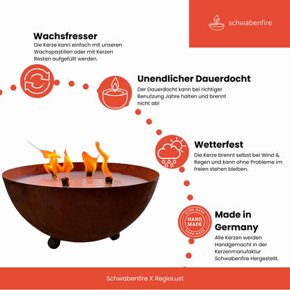 Schwabenfire XXL Outdoorkerze mit Dauerdocht in Edelrost Metallschale kerzendeko