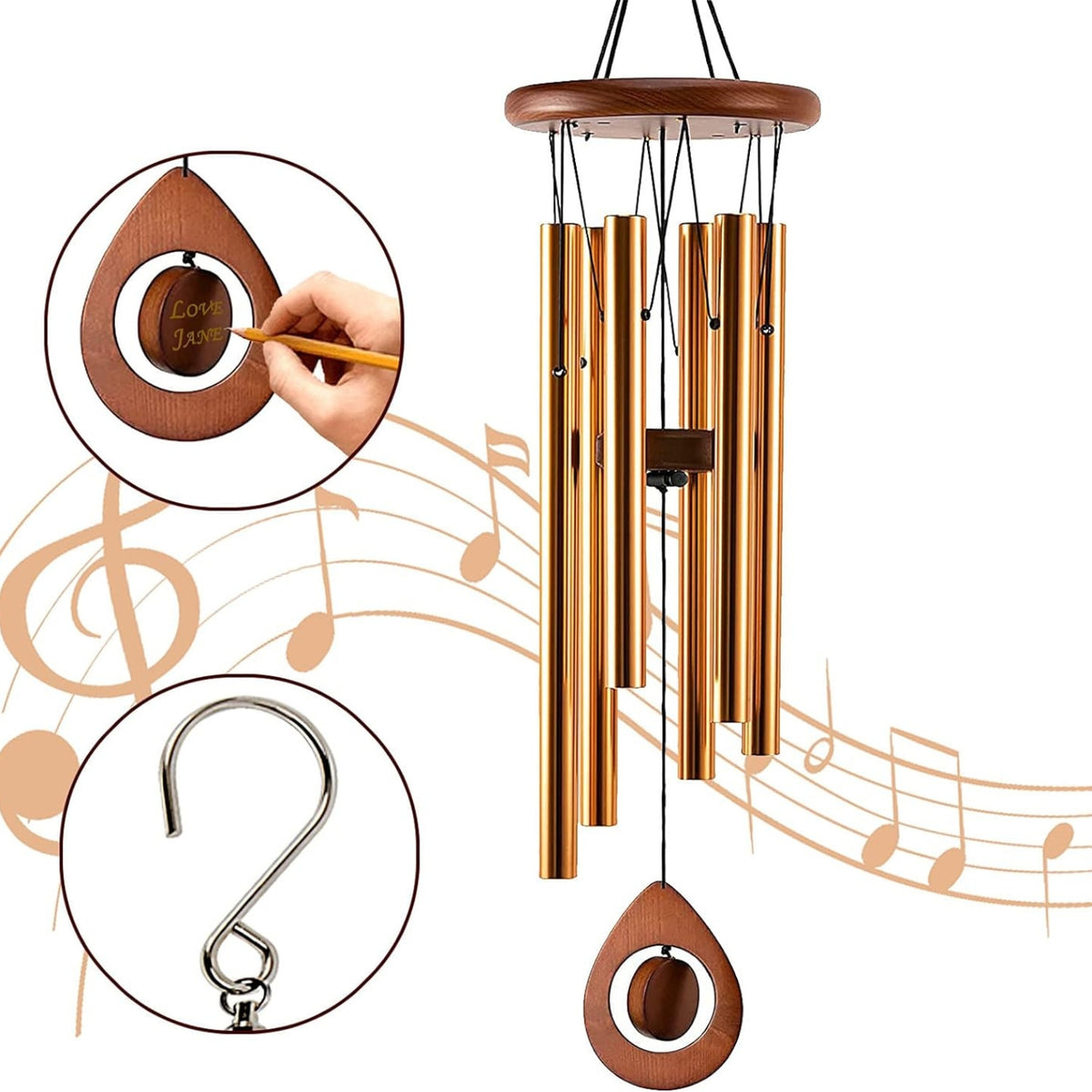 Metall Windspiel Gold 6 Aluminiumrohre Tiefe Töne Gedenk-Geschenk