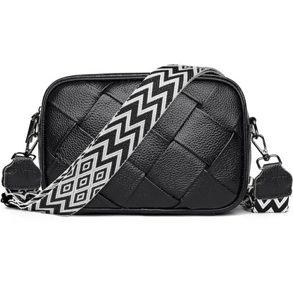 Echtleder Crossbody Bag Schwarz mit Weißem Gurt Damen Modisch