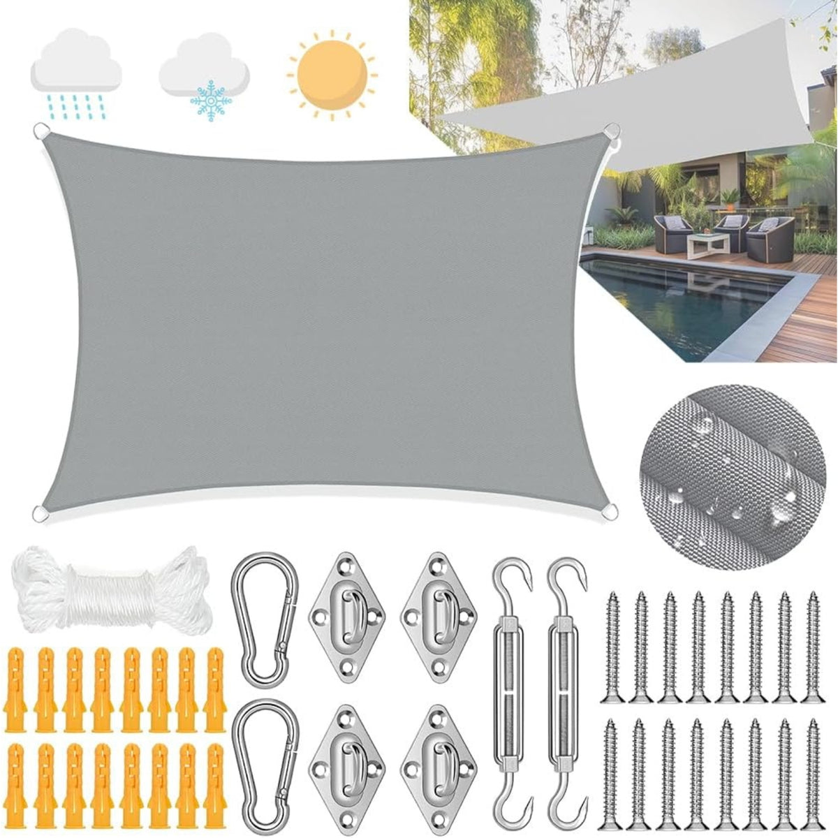 Premium Sonnensegel 3x4m Rechteckig Wasserdicht Segeltuch