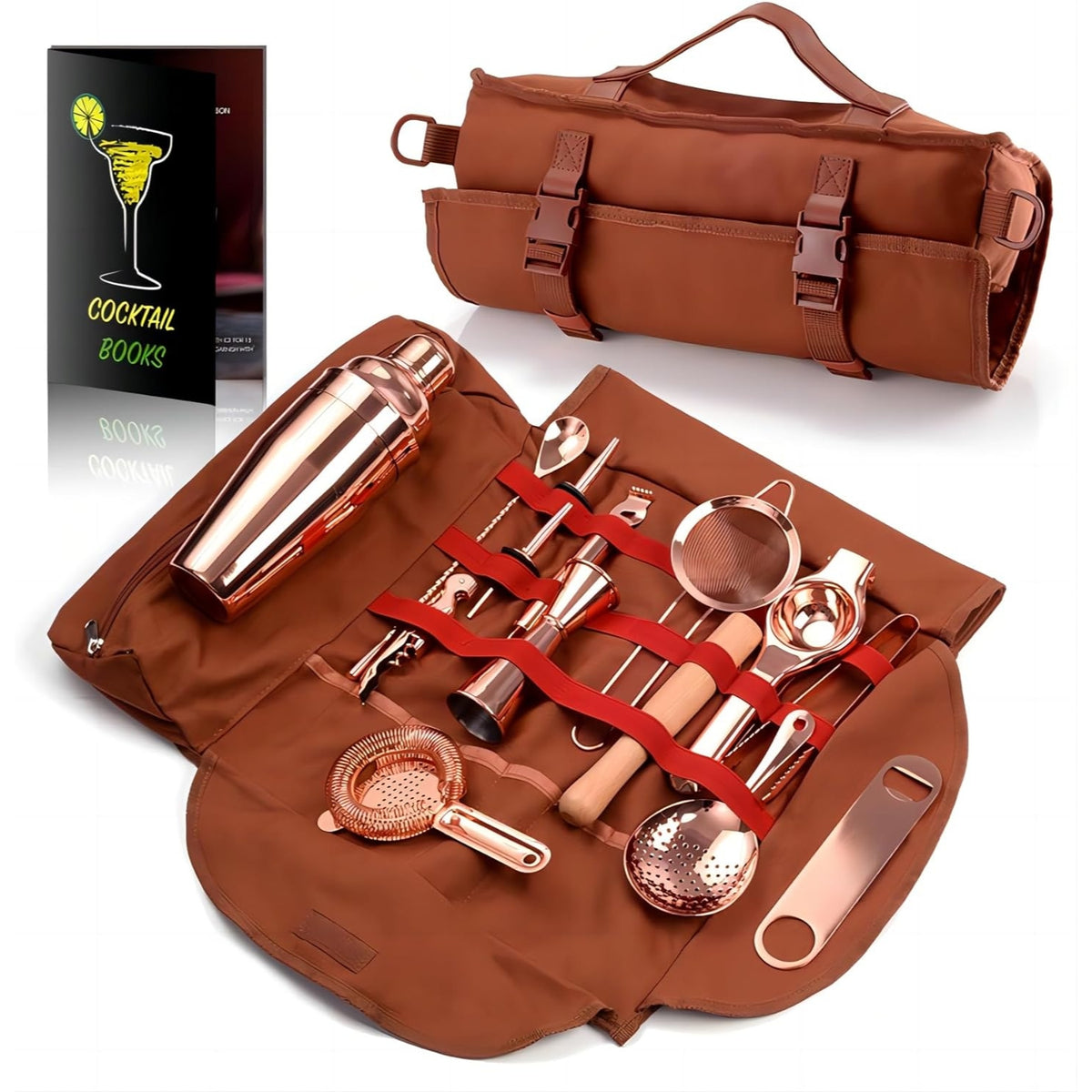 17-TLG Cocktail Shaker Set Kupfer mit Tasche Barwerkzeug Schultergurt Geschenk