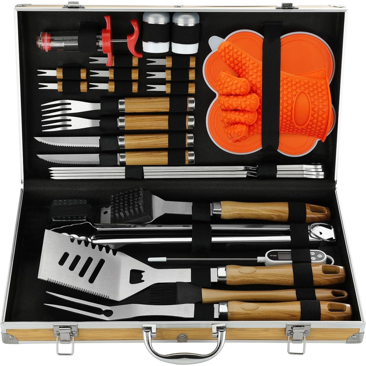 Grillzubehör Set mit Fleischthermometer 30 Teile in Koffer