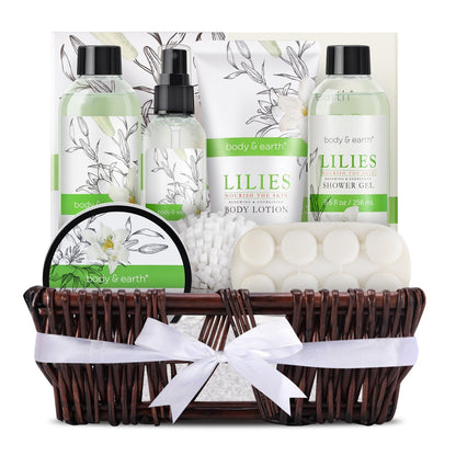 BODY & EARTH Wellness Set mit Lilienduft Geschenke für frauen 10 tlg Badeset