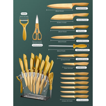 Messerblock 16 TLG Messer Set Golden Edelstahl Acrylhalter