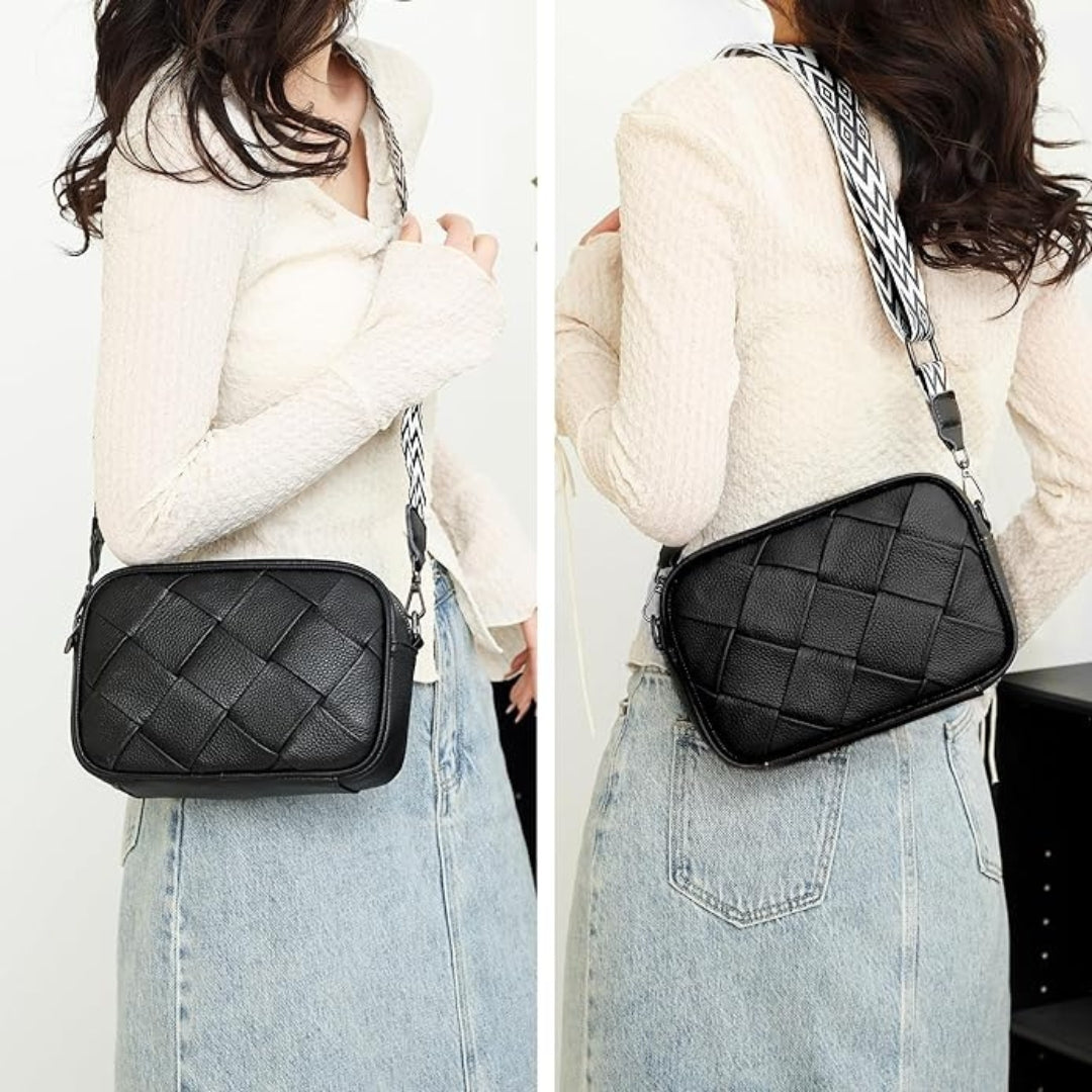 Leder Umhängetasche Damen Schwarz Weißer Gurt Kleine Crossbody