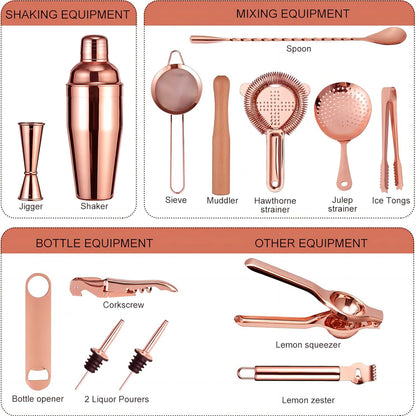 Cocktail Shaker Set 17-teilig Kupfer Bar Zubehör Tasche Mixology Kit Geschenk