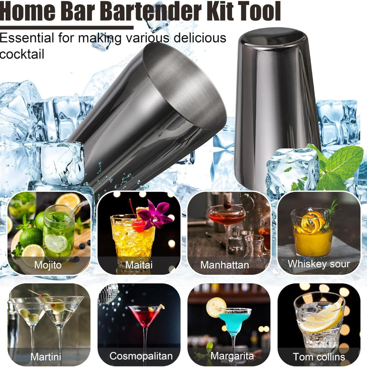 Graues Edelstahl Cocktail Shaker Set 550ML/750ML 12tlg Bar Tool Kit