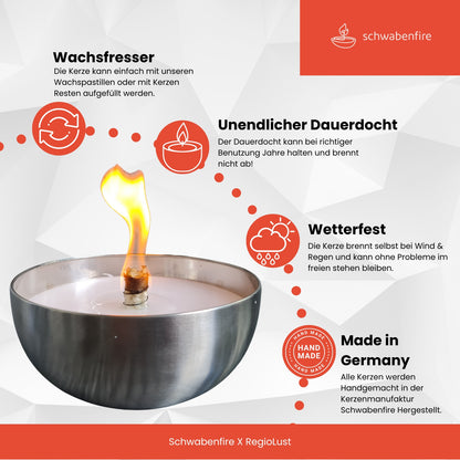 Schwabenfire Große Outdoorkerze mit Dauerdocht in Metallschale garten kerzendeko