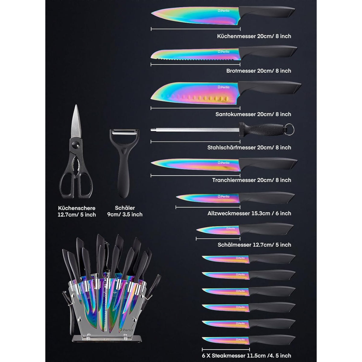 Messerblock 16 TLG Messer Set Regenbogen Titanbeschichtung