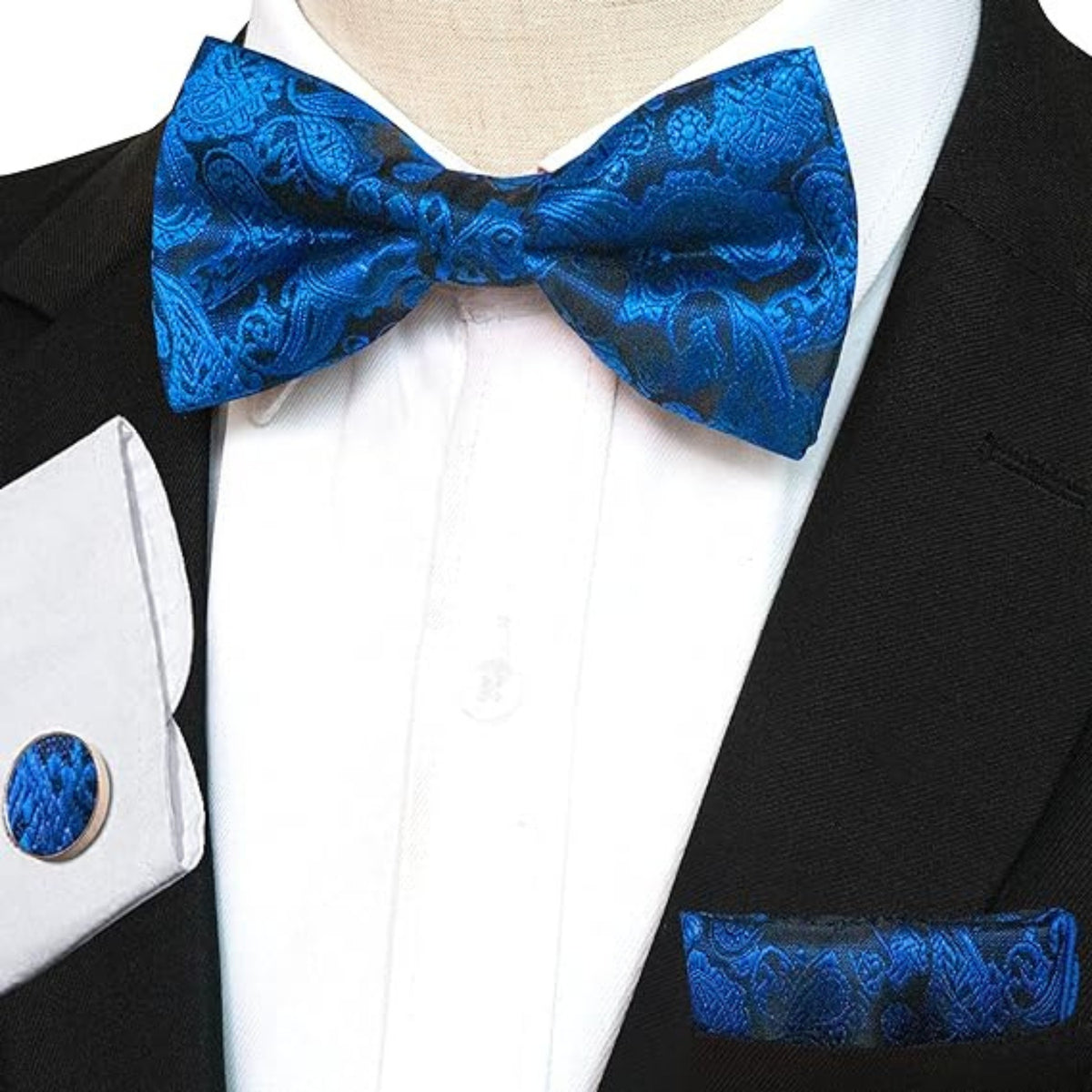 Paisley Krawattenset Geschenk für Männer Krawatte Blau Schwarz Fliege Manschetenknopf