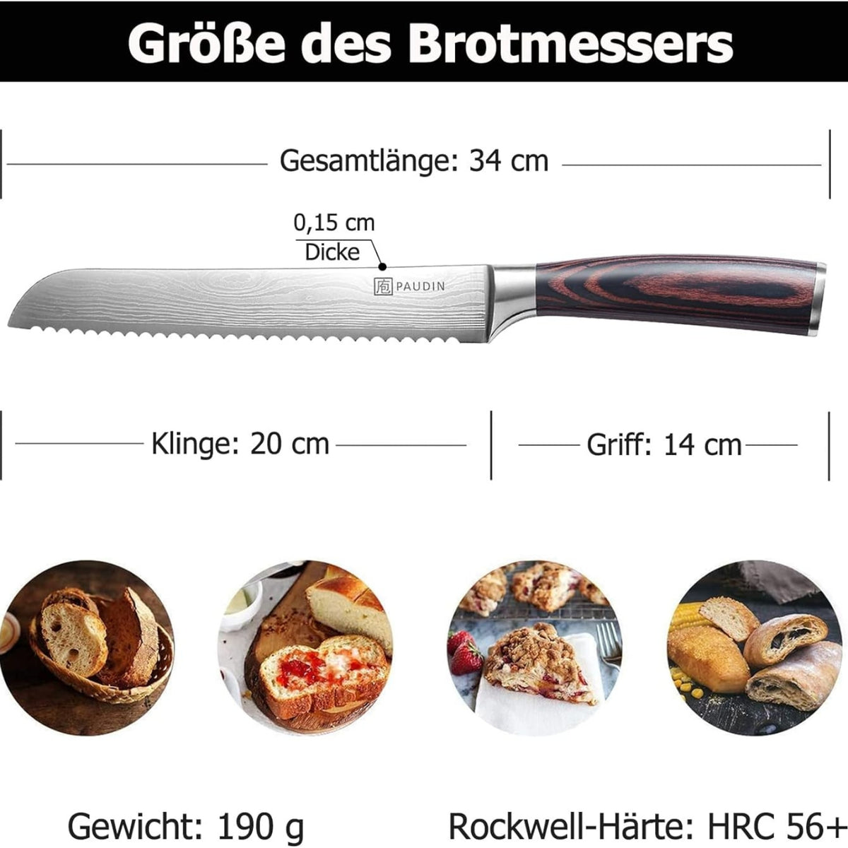 Brotmesser Profi 20 cm Edelstahl Küchenmesser Holz Griff