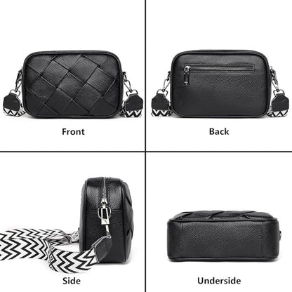 Umhängetasche Damen Leder Schwarz Weißes Band Crossbody Breiter Gurt