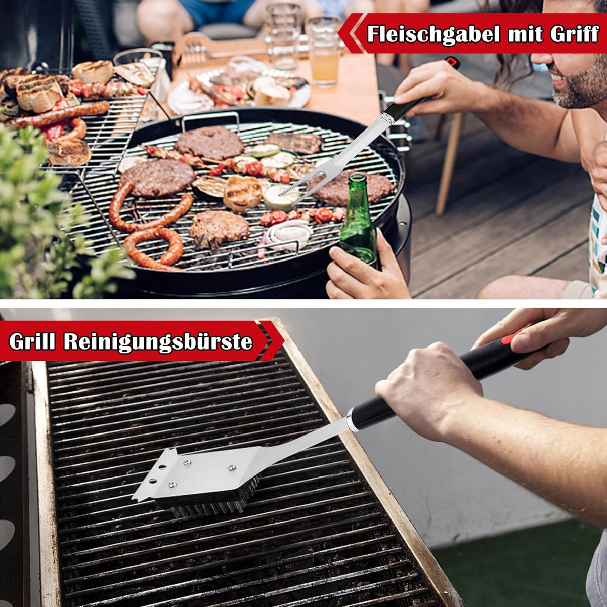 OstalbGriller Edelstahl Grillbesteck Set 13-teilig für Camping Picknick Grillbegeisterte inkl Grillzange Bürste Gabel mit Tasche Grill Zubehör