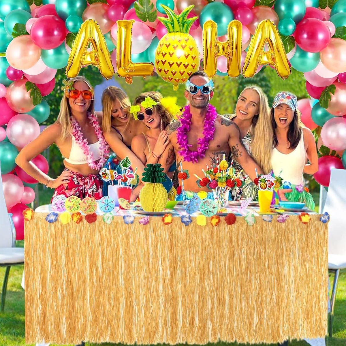 Hawaii Deko Party Aloha Deko 170 Stück Hawaii Tiki Bar Tischröcke Ballons Arch Kit ALOHA Girlande Blüten Künstliche Palmenblätter Party Dekoration