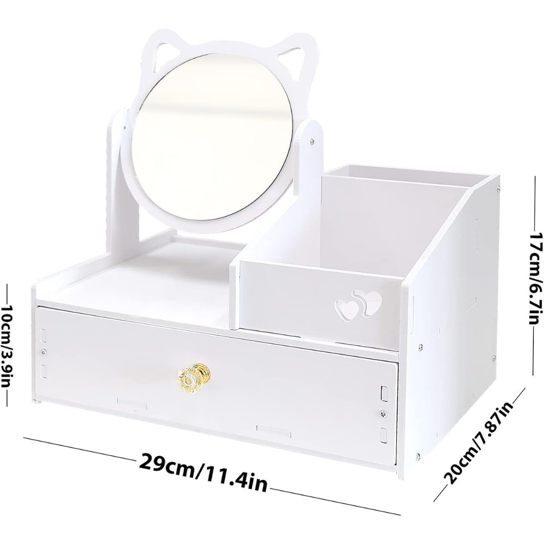 Schminktisch Organizer mit Rundem Spiegel Weiß Kosmetik Organizer PVC