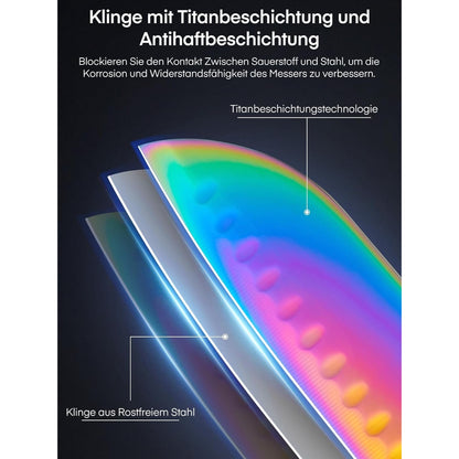 Messerblock 16 TLG Messer Set Regenbogenfarbe Titanbeschichtung mit Acryl Messerhalter Edelstahl kein Rost super scharf Küchenmesser Set