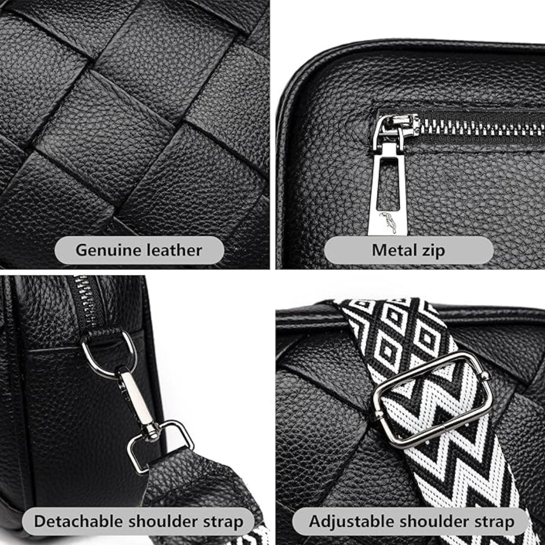 Damen Umhängetasche Echtes Leder Schwarz Weißes Band Crossbody