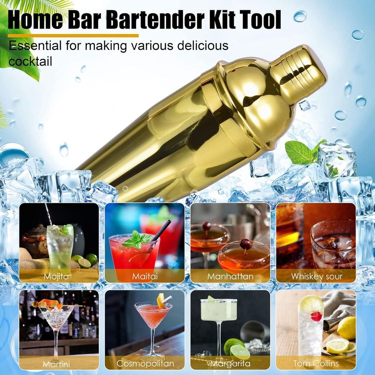 Cocktail Shaker Set 750ML 12tlg Barkeeper Kit Gold mit Rezeptheft Edelstahl