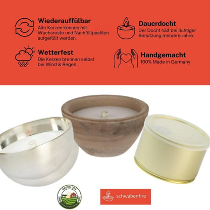 Schwabenfire Outdoorkerze aus Terrakotta mit Dauerdocht Grau 100% Handgemacht Made in Germany Wiederverwendbare Kerzendeko