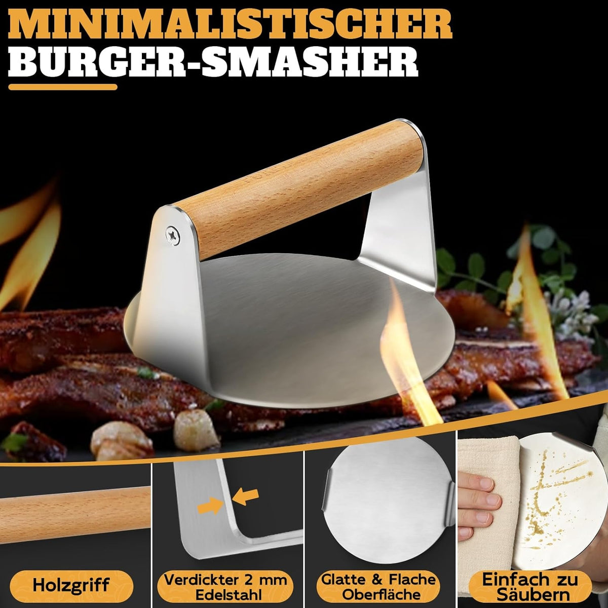 3-TLG Smashburger Set Grillzubehör Kit Burgerpresse + 2 Grillspachtel Edelstahl