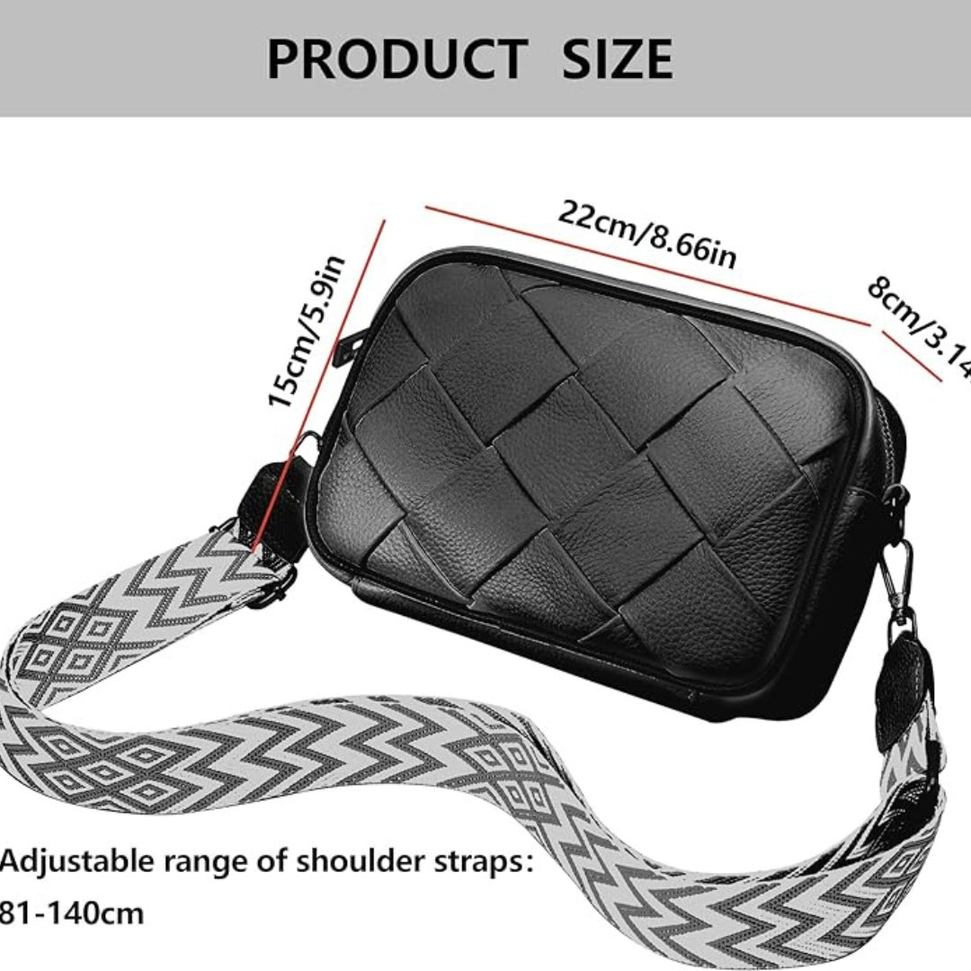 Umhängetasche Damen Leder Schwarz Weißes Band Crossbody Breiter Gurt