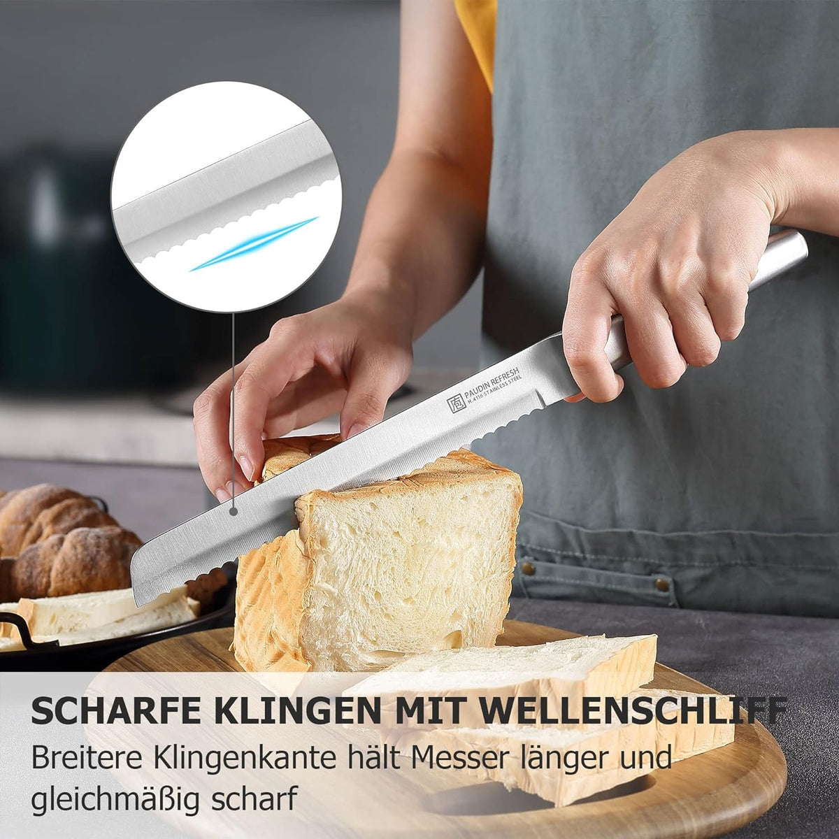 Brotmesser 20 cm Profi scharfes Küchenmesser aus Edelstahl mit Hohlgriff