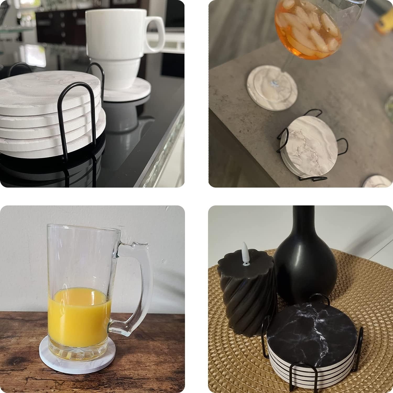 Getränkeuntersetzer 6er Marmor Design mit Metallhalter Kork Unten Gläser Schutz