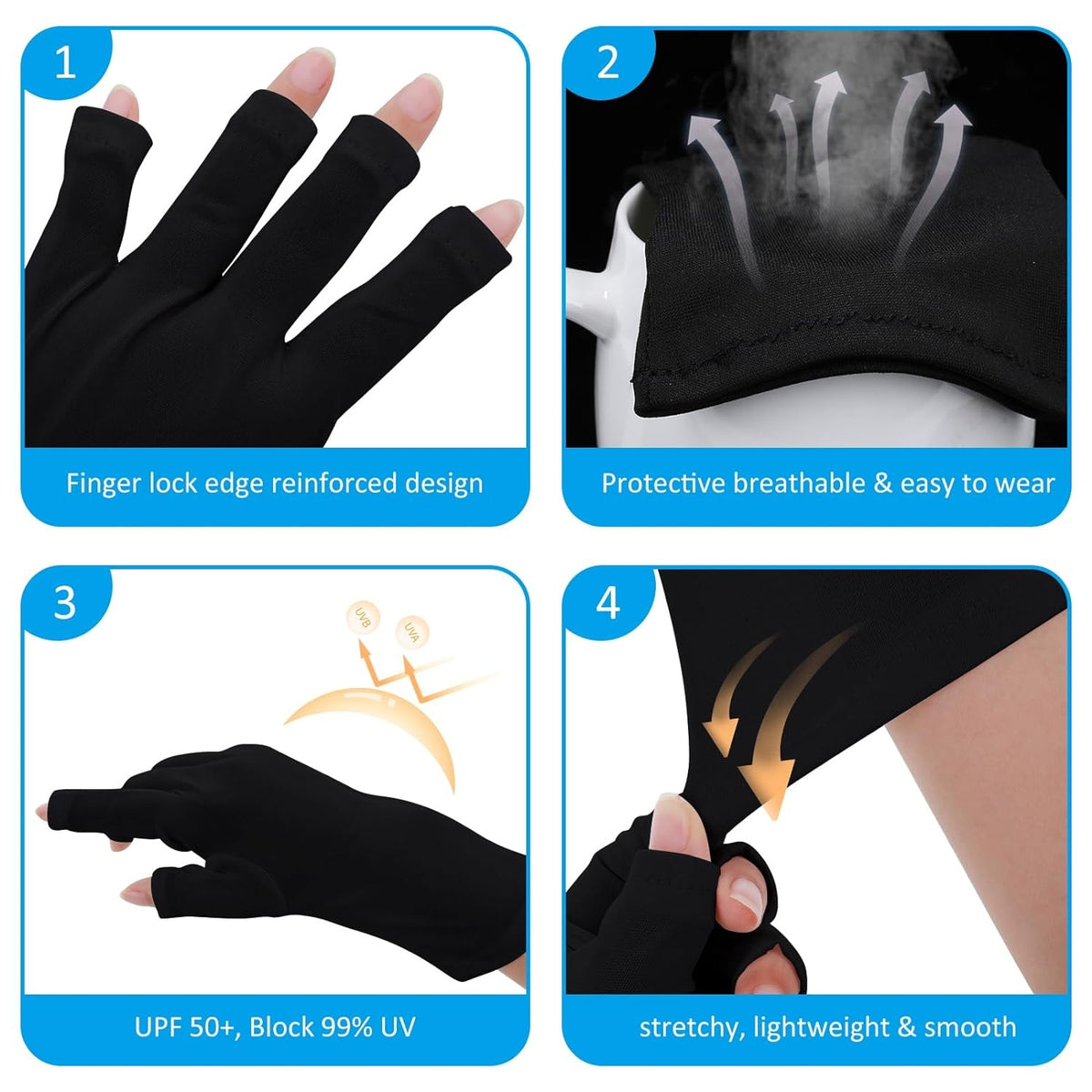 Professionelle UV-Schutzhandschuhe UPF50+ für Gel-Nagellampen 2er Set Schwarz