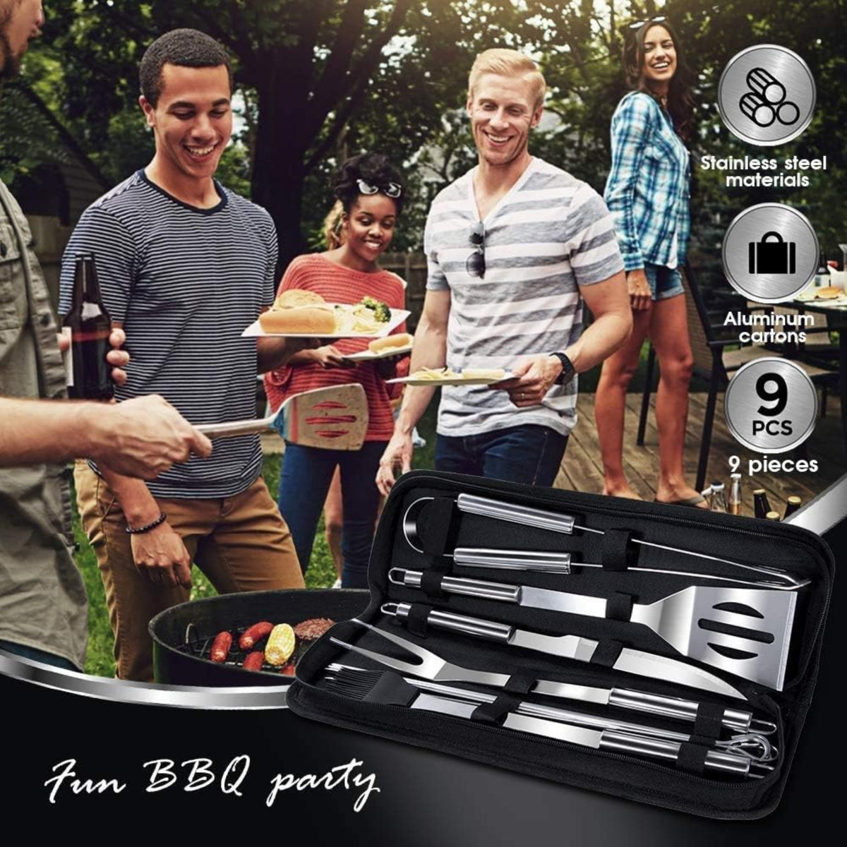Premium Grillbesteck Set 9tlg mit Grillhandschuhe bis 800°C Geschenke