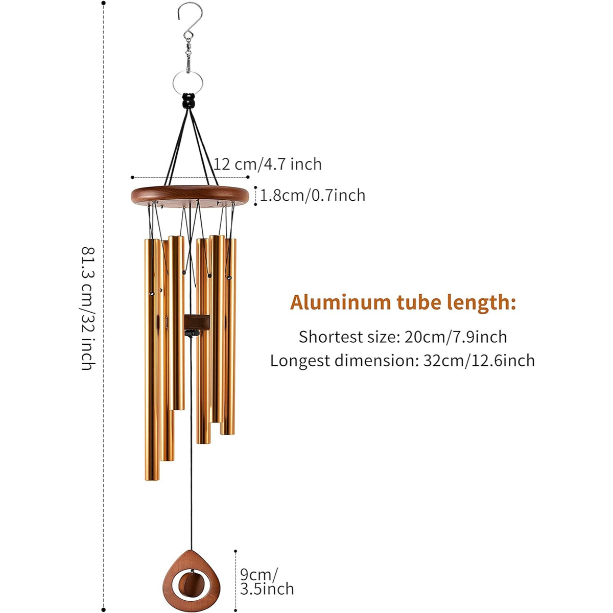 Metall Windspiel Gold 6 Aluminiumrohre Tiefe Töne Gedenk-Geschenk
