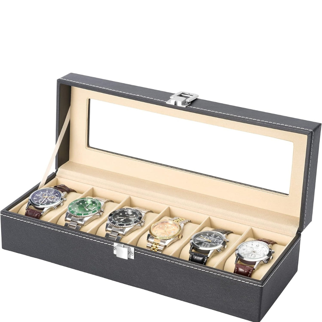 Uhrenbox für 6 Uhren mit Glasdeckel aus PU-Leder Samtfütterung Perfekt für Uhren und Armbänder Erstklassige Verarbeitung 30×10×7.5 cm Schwarz