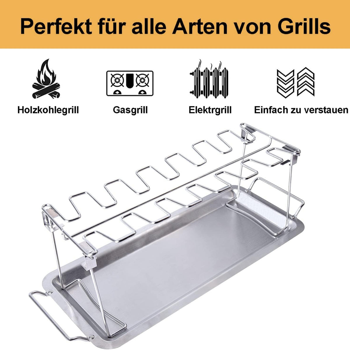 Grill Zubehör Hähnchenkeulenhalter mit Auffangschale und Bürste Edelstahl