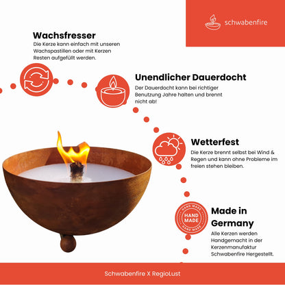 Schwabenfire Outdoorkerze mit Dauerdocht in Edelrost Metallschale Wiederverwendbar kerzen deko outdoor kerzen Geschenke für Frauen Garten