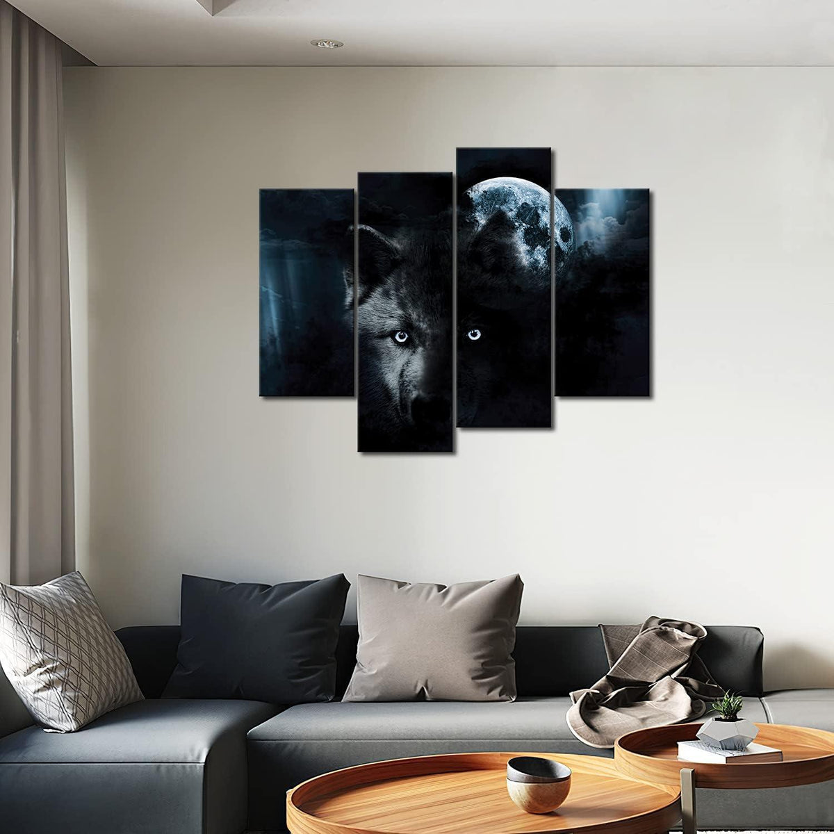 Schwarz Wolf Voll Mond Wandkunst Leinwand Tier Kunst 4 Bilder