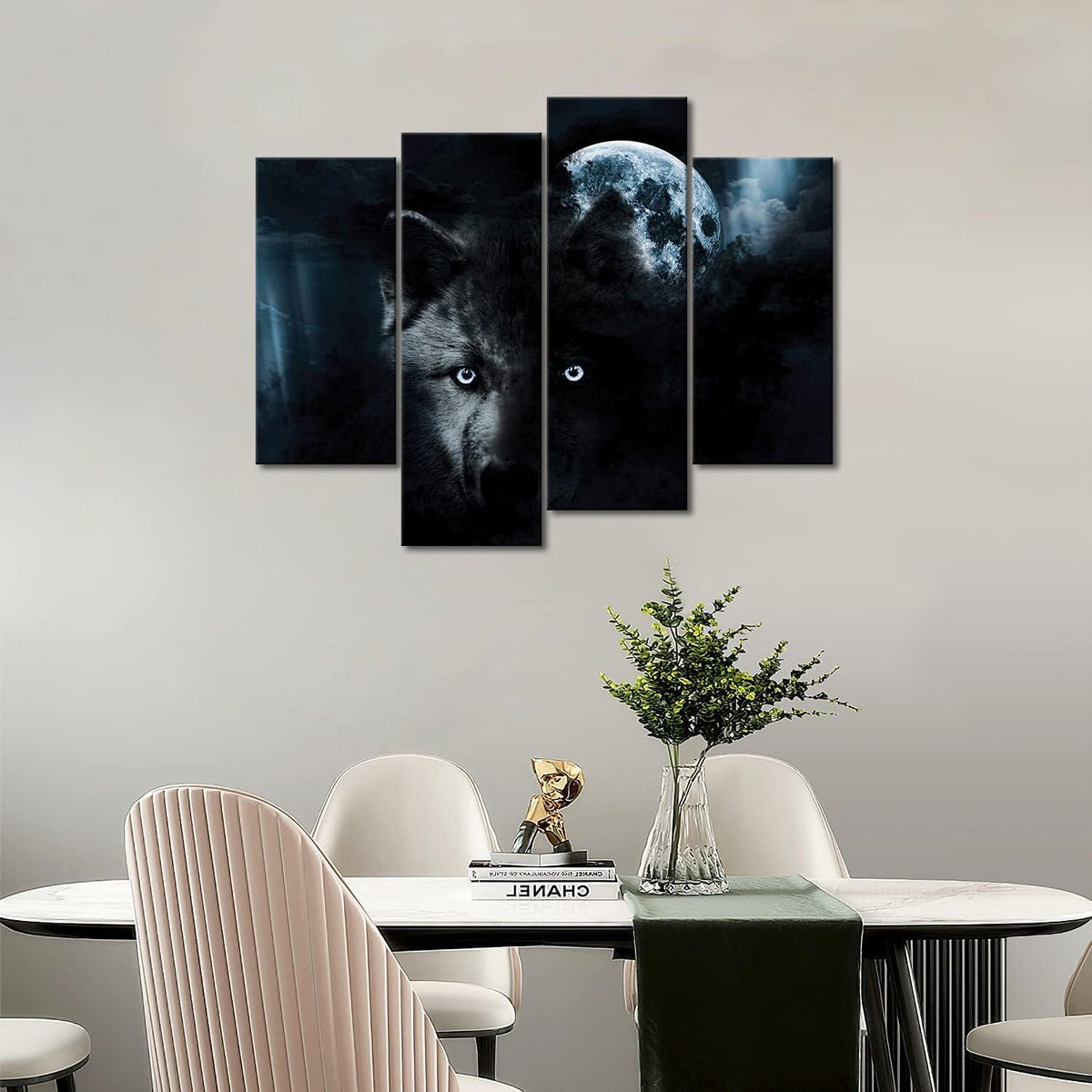 4er Set Schwarz Wolf Voll Mond Wandkunst Leinwand Tier Bild Druck