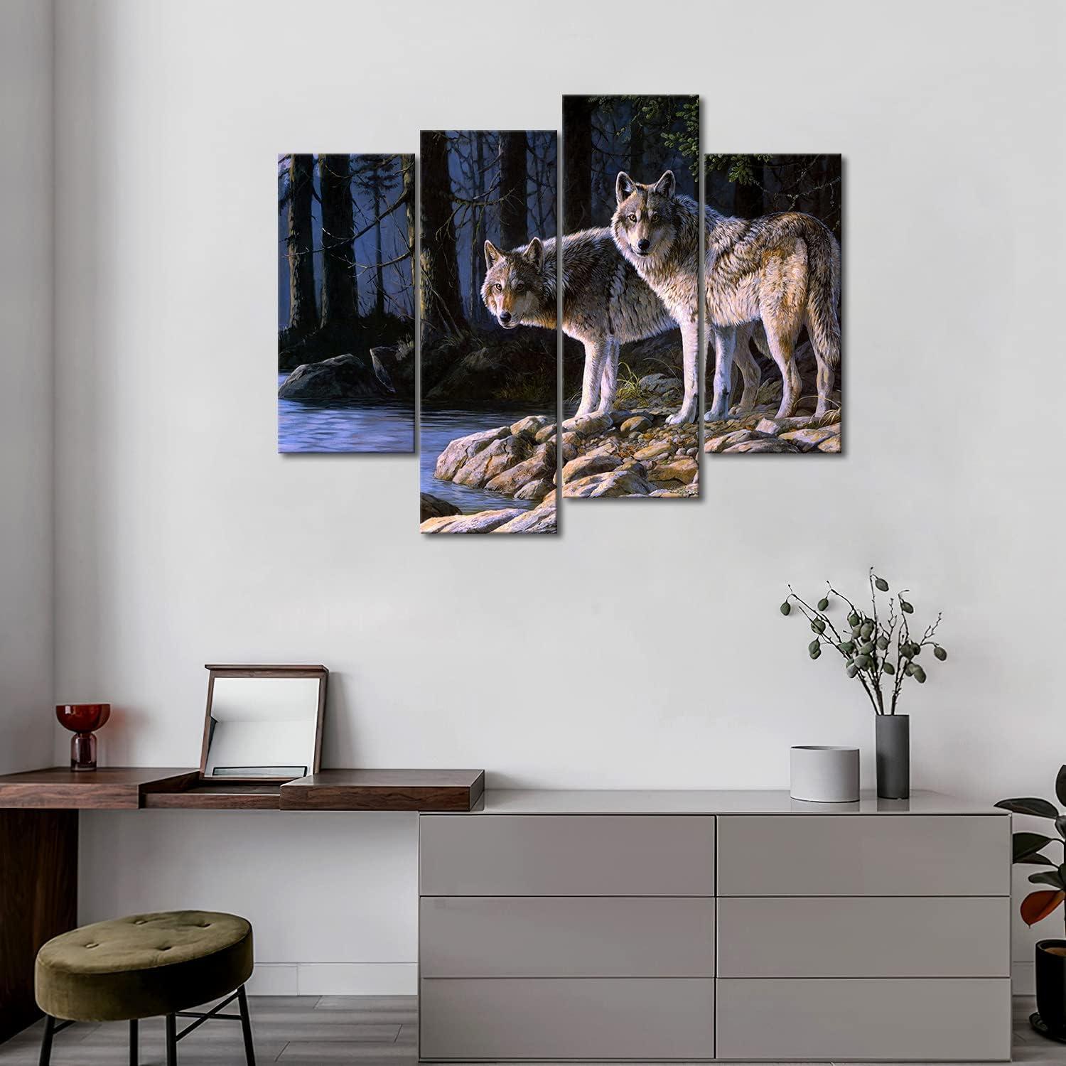 Wolf Leinwandbilder 4-teilig Wald Fluss Wandbilder