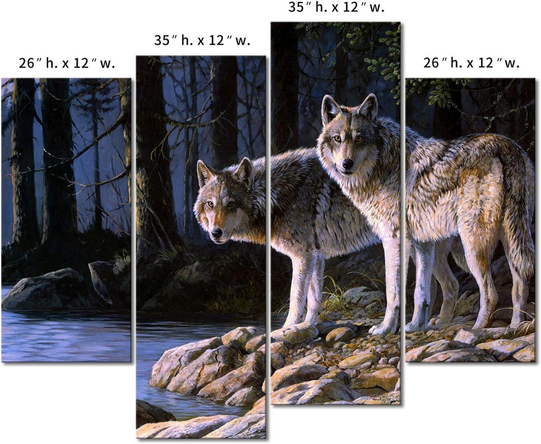Moderne Wolf Tier Bilder Leinwand 4 Teilig Wald Fluss Wohnzimmer Schlafzimmer