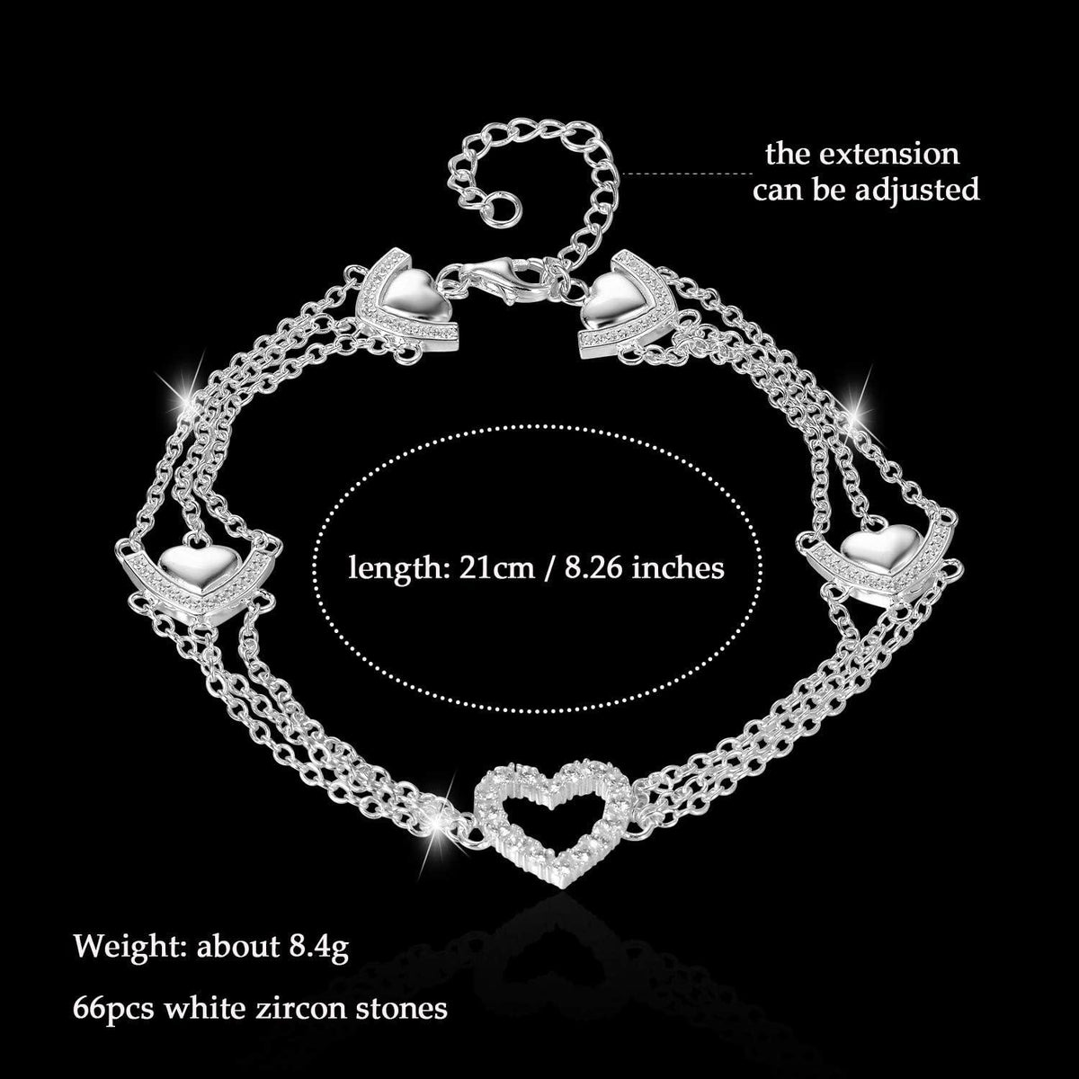 Silber 925 Zirkon Fußkettchen Herz Mehrreihig Set 8.4g