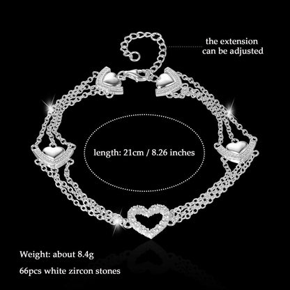 Silber 925 Zirkon Fußkettchen Herz Mehrreihig Set 8.4g