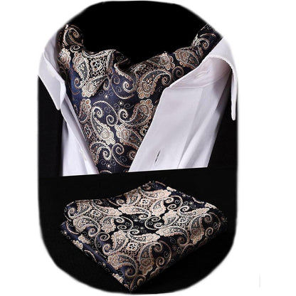 Herren Ascot Krawattenschal & Einstecktuch Set Gold/Marineblau