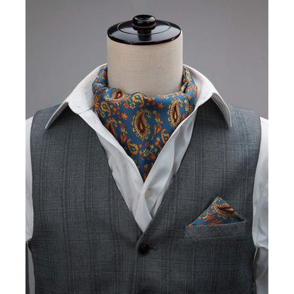Herren Ascot Krawattenschal Set Blau/Orange Paisley Jacquard