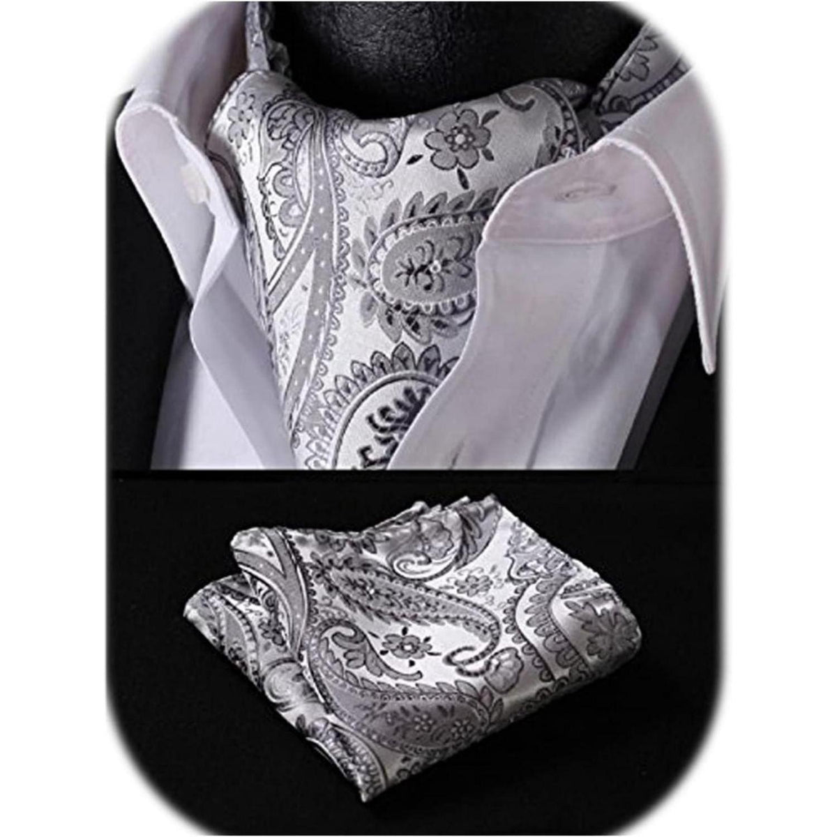 Herren Ascot Krawattenschal Set Paisley Grau Silber