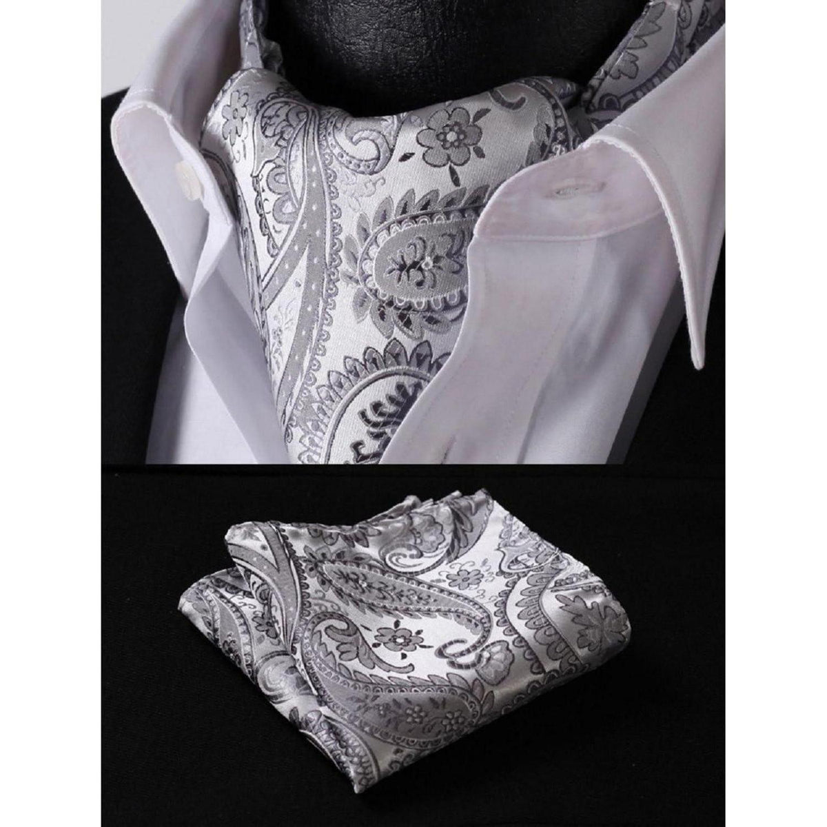 Herren Ascot Krawattenschal Set Paisley Grau Silber