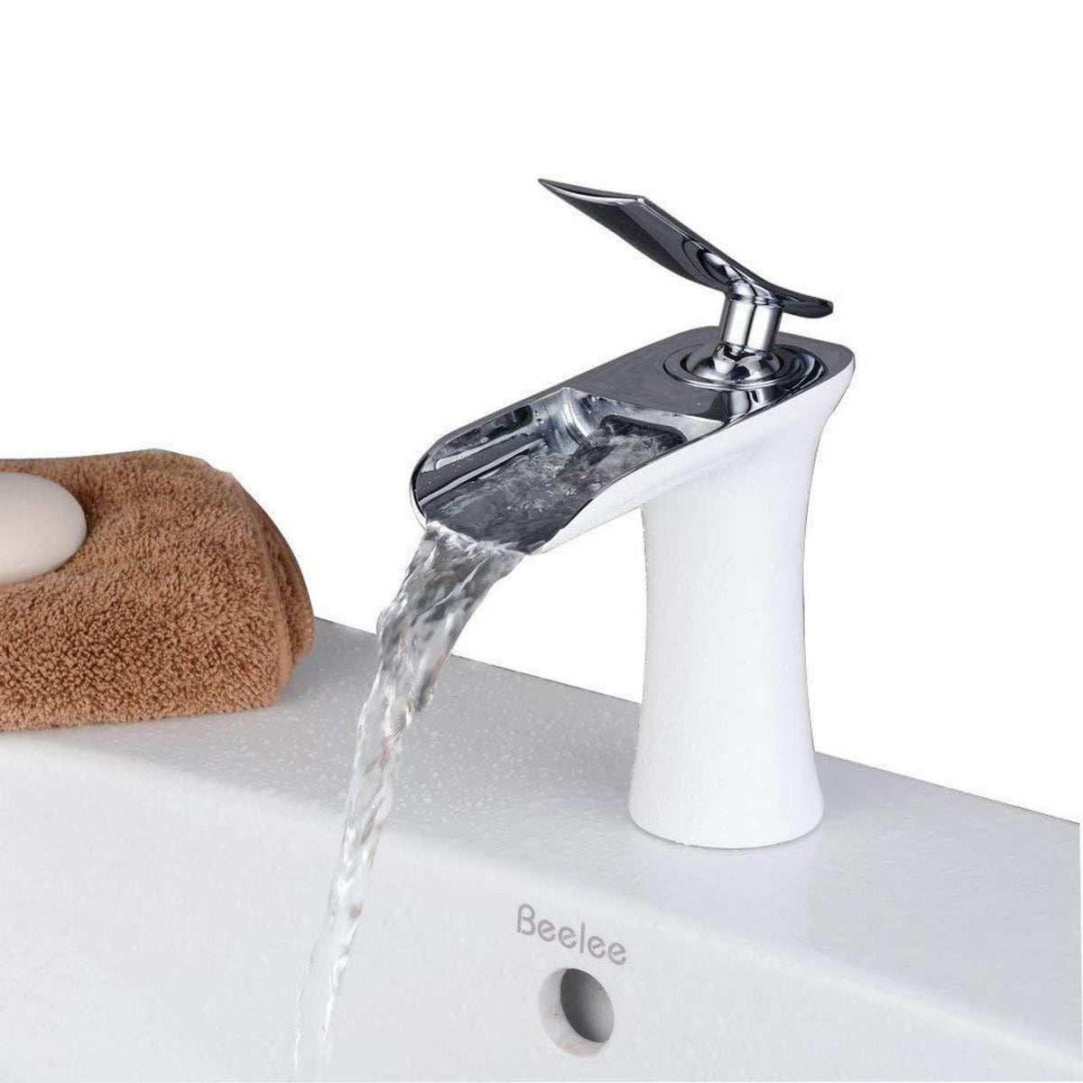 Wasserfall-Waschtischarmatur Modern Einhebel Badarmatur Weiß & Chrom