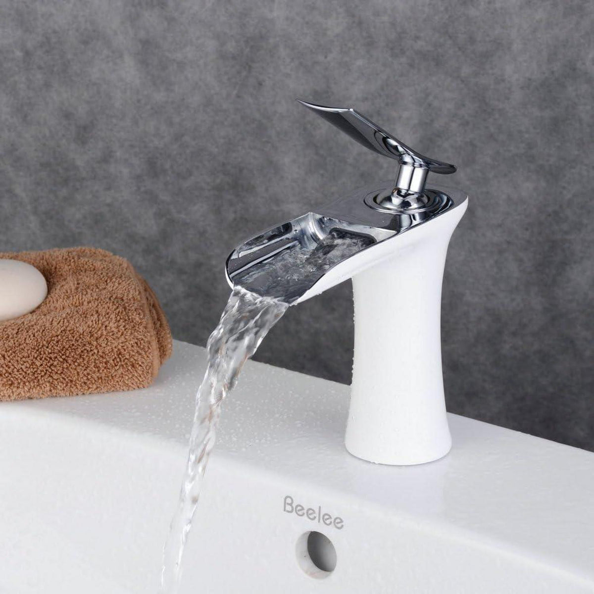 Wasserfall-Waschtischarmatur Modern Einhebel Badarmatur Weiß & Chrom