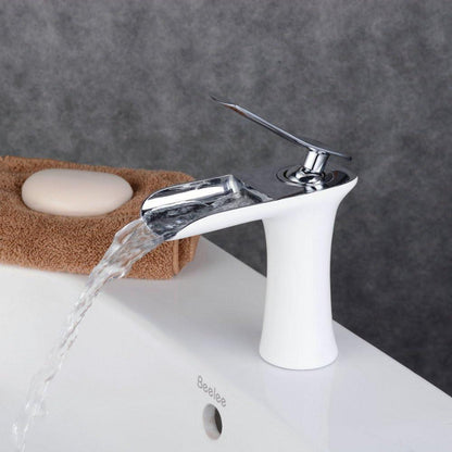 Wasserfall-Waschtischarmatur Modern Einhebel Badarmatur Weiß & Chrom