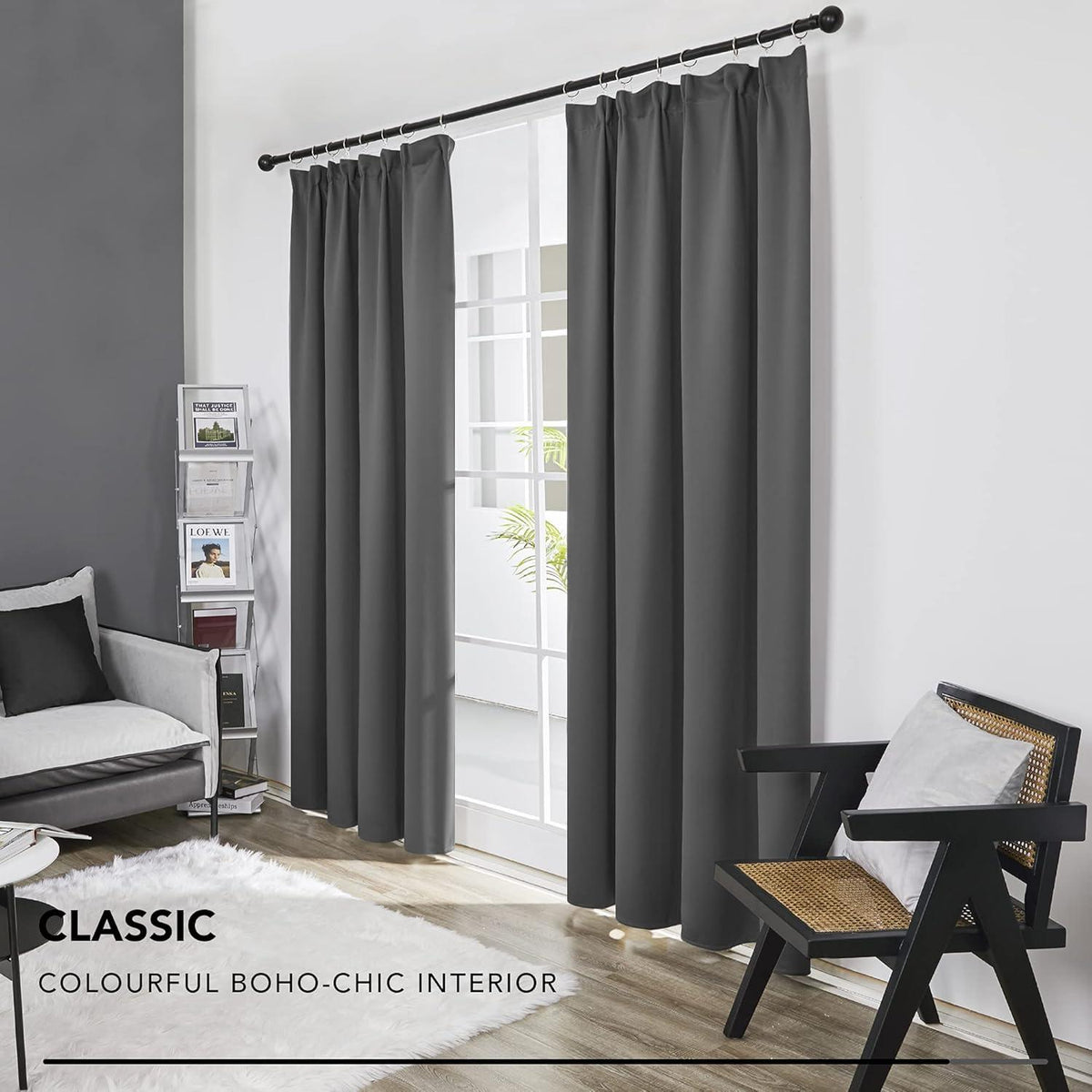 Blickdichte Kräuselband Gardinen 175x140 cm 2er Set Dunkelgrau