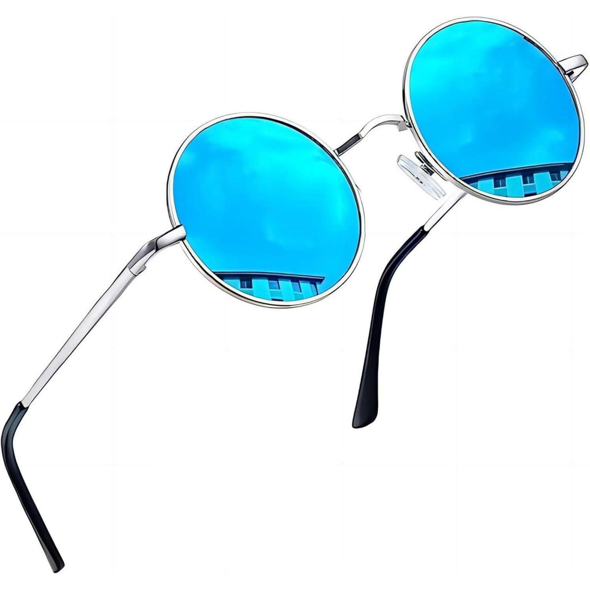 Retro Runde Sonnenbrille Herren Damen Polarisierte Vintage UV400 Silber Blau