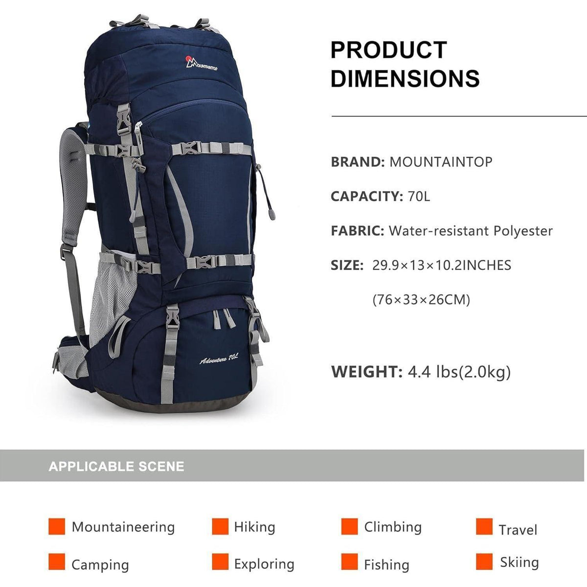 70L Trekkingrucksack mit Regenschutz für Damen und Herren