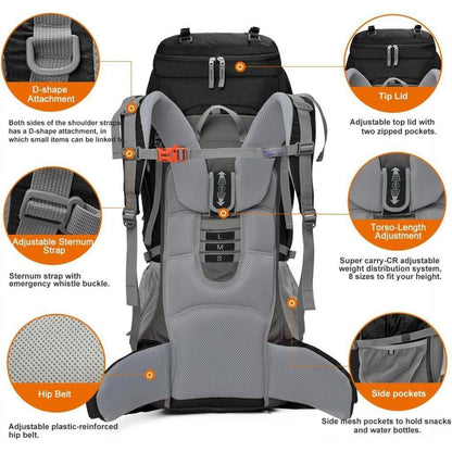 70L Trekkingrucksack mit Regenschutz und vielen Befestigungsmöglichkeiten